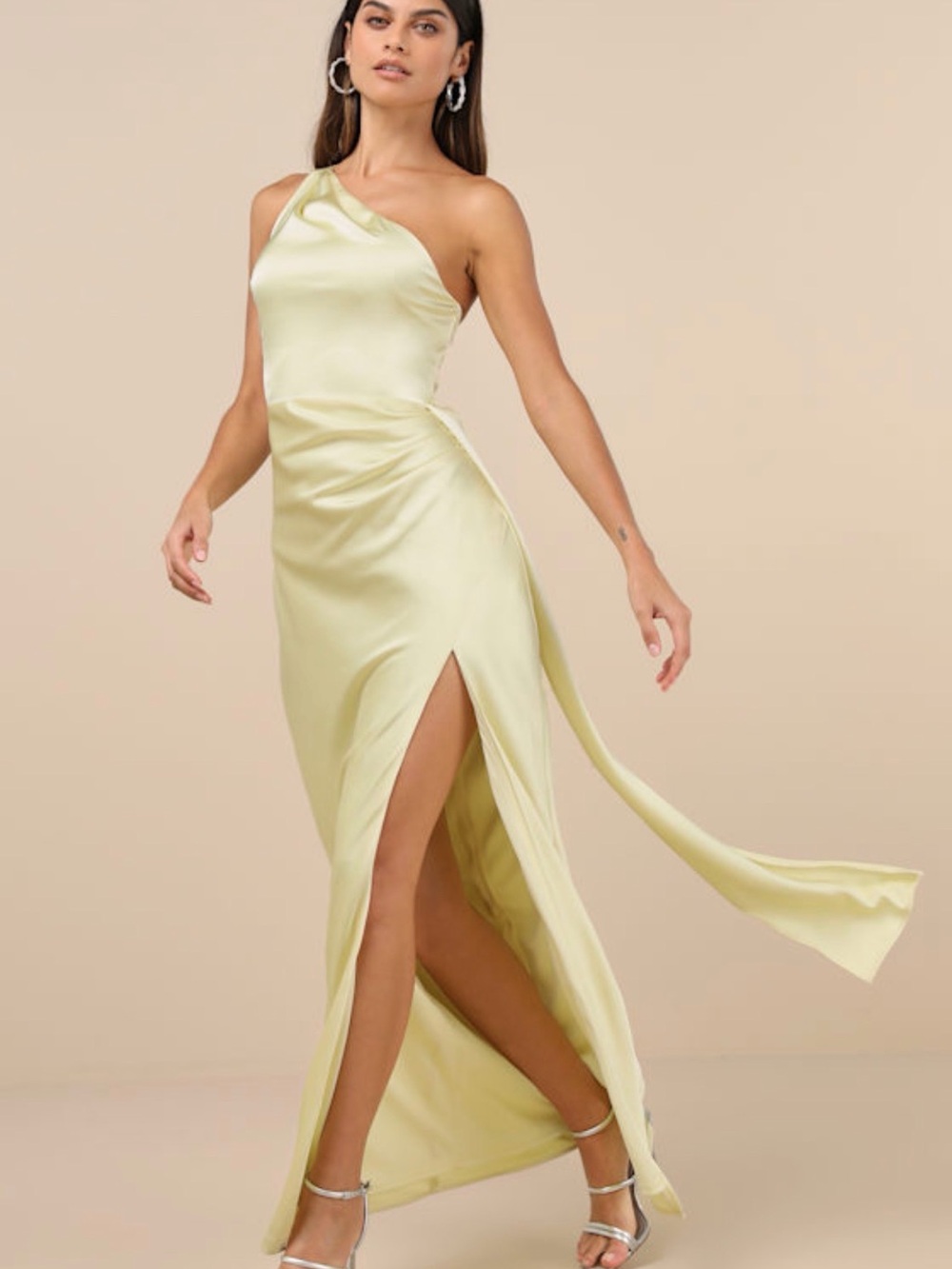 Lulu's One-Shoulder Satin Gown in Light Yellow - Homecoming Ready!